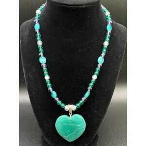 Aqua Agate Heart Necklace with Glass Beads by Neanie-Bot